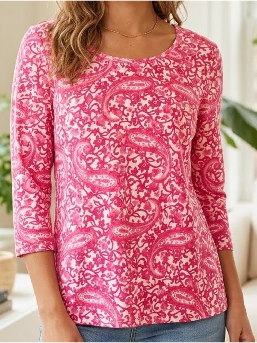 Liz Claiborne Top Jersey Pink Paisley Floral Scoop Long-Sleeve cotton stretch XL